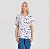 Model wearing an animal print scrub top for pet hospital teams