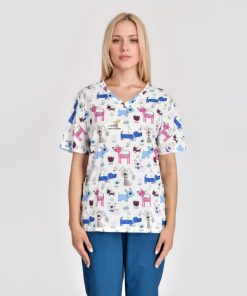 Model wearing an animal print scrub top for pet hospital teams