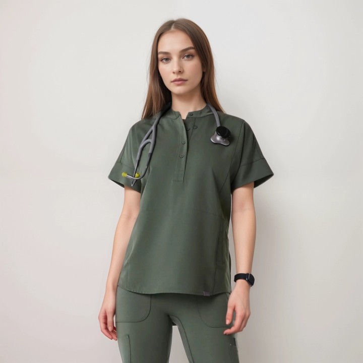 Polished olive scrub top for dental practices