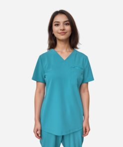 Model wearing a teal zip pocket scrub top for clinical work
