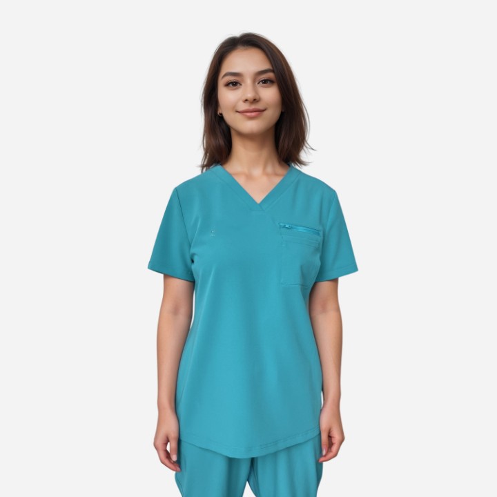 Teal zip pocket scrub top